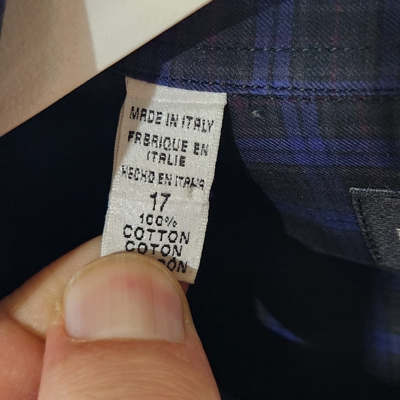 RALPH LAUREN BLACK LABEL Navy Blue Black Plaid Cotton Dress Shirt Made Italy 17 - Picture 6 of 7